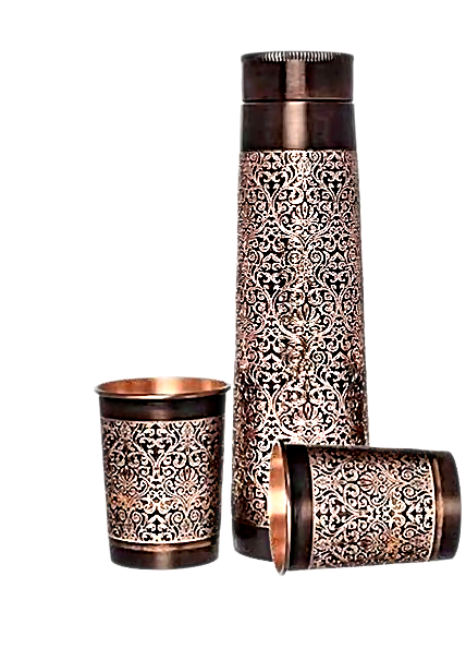 Copper Etching Tower Bottle With Two Glasses Gift Set