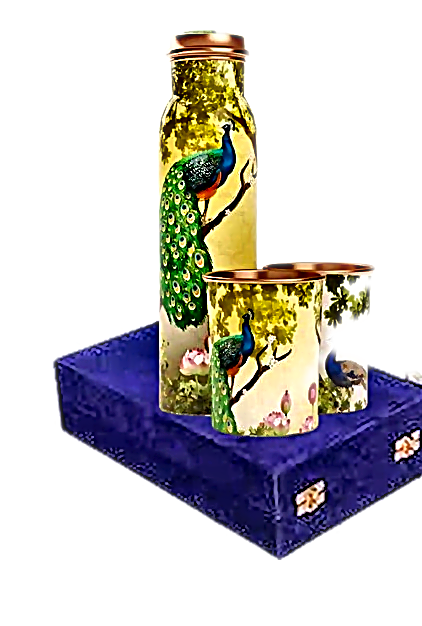 Q7 Peacock Print Meenakari Bottle Gift Set Box